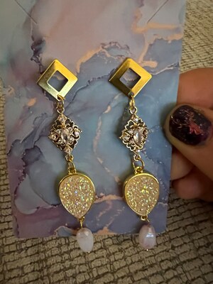 Druzy crystal drop earrings with roasted glass pendant - image6